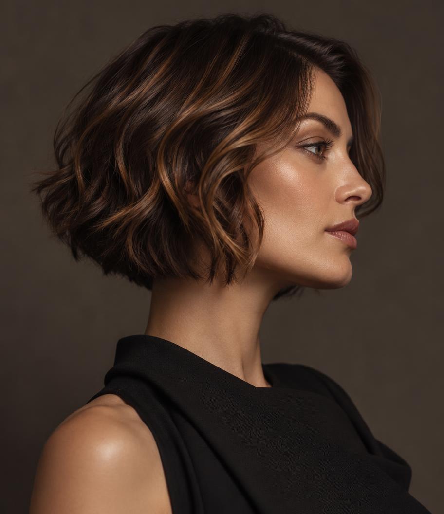 Corte bob ondulado en cabello castaño