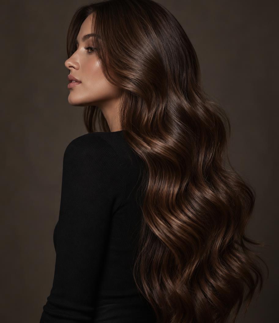 Melena castaña larga peinada en ondas